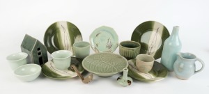 Sixteen assorted Australian ceramic tea bowls, vases, plates and jug, mostly green celadon glazed, the largest 21cm high