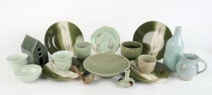 Sixteen assorted Australian ceramic tea bowls, vases, plates and jug, mostly green celadon glazed, the largest 21cm high