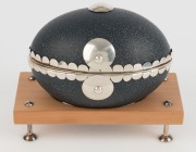 MARIKA STROHSCHNIEDER Australian silver mounted emu egg casket, mounted on Tasmanian huon pine base with additional fixed plinth, circa 2017, 12cm high overall, 30cm wide overall - 2