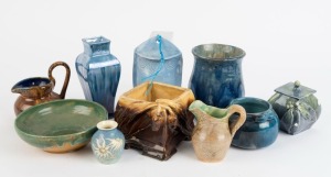 Ten assorted Australian art pottery vases and jugs including HARVEY SCHOOL and FLORA LANDELLS, the largest 17cm high