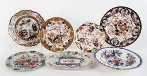 Seven assorted antique English stoneware dishes and bowls including Imari patterns, makers include Copeland-Garrett, Ironstone, Spode, Davenport, Derby and Masons, 19th century, the largest 26cm wide