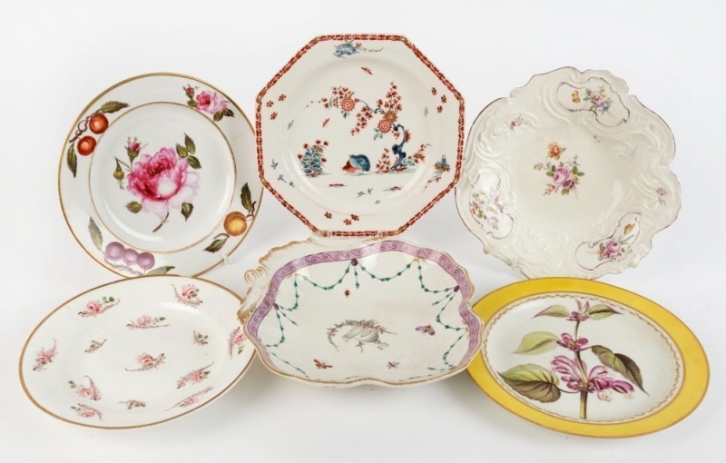 Six assorted antique porcelain plates and dishes including Derby, Chelsea, Nantgarw and others, 18th/19th century, the largest 24.5cm wide