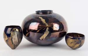 GREG DALY three lustre glaze pottery vases and bowls, all examples signed "Daly", the largest 19cm high, 23cm wide