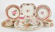 Antique English pink rose patterned porcelain tea ware, candle holder, serving dishes etc., early 19th century, (12 items), factories include New Hall, Flight Barr & Barr and Derby, the largest 35.5cm diameter