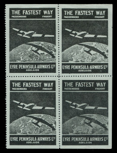 Aerophilately & Flight Covers: Oct.1929 (AAMC.145b) Eyre Peninsula Airways Ltd vignette (black on pale blue), block.(4). Extremely rare in blocks. Cat.$750.