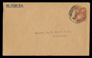 QUEENSLAND - Postal Stationery: ENVELOPES - PTPO: (H&G #4a) 1d Four Corner Figures in Vermilion on brown stock for user Mactaggarts (Stock & Station Agents, Brisbane, crest on flap), 1906 (Sep. 21) use from Brisbane to Gladstone, '20 POSTED' printed in blue in upper-left corner, fine condition. Very few known.