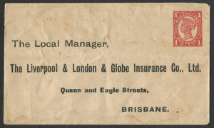 QUEENSLAND - Postal Stationery: ENVELOPES - PTPO: (H&G #4a) 1d Four Corner Figures in Vermilion on off-white stock envelope for user Liverpool & London & Globe Insurance (printed logo on flap), 'Sapsford & Co' embossed printer's imprint under flap, printed address, unused; horizontal fold and some staining, flap fault. The only known example.