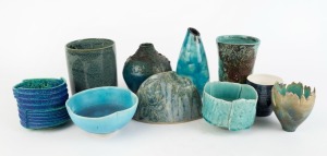 Ten assorted blue glazed Australian studio pottery vases and bowls, the largest 21cm high