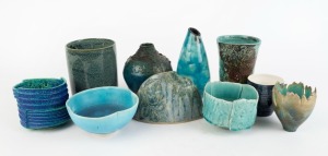 Ten assorted blue glazed Australian studio pottery vases and bowls, ​​​​​​​the largest 21cm high