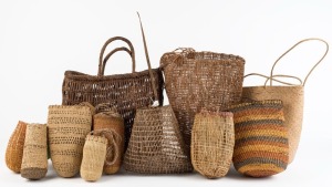 Eleven assorted woven baskets including examples sold by Elcho Island Art & Crafts, Maningrida Arts & Culture, and an attractive bicornual basket