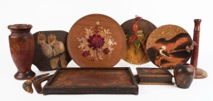 POKERWORK group including vases, doily holders, serving tray, boomerangs, box, etc, including rare koala and Major Mitchell cockatoo examples, early 20th century, (11 items), the largest 32cm high