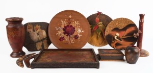 POKERWORK group including vases, doily holders, serving tray, boomerangs, box, etc, including rare koala and Major Mitchell cockatoo examples, early 20th century, (11 items), the largest 32cm high