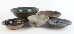 Five assorted Australian studio pottery bowls, including CHESTER NEALIE, the largest 18cm high, 42cm wide