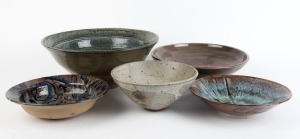 Five assorted Australian studio pottery bowls, including CHESTER NEALIE, the largest 18cm high, 42cm wide