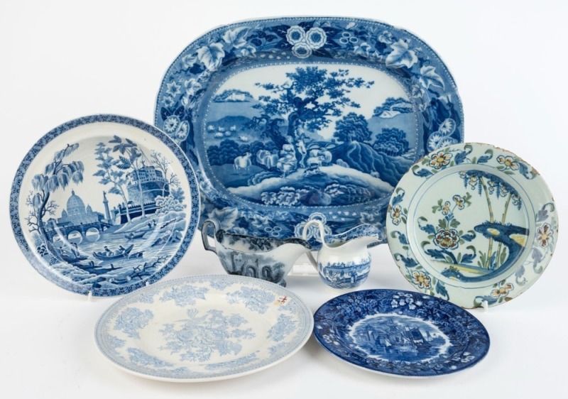 Antique English blue and white porcelain meat platter, WEDGWOOD "Ferrara" pattern plate, BURLEIGH WARE "Asiatic Pheasant" plate, SPODE Roman scene plate and two jugs, 19th century, (6 items), ​​​​​​​the platter 44cm wide