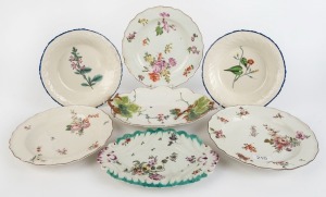 Seven assorted antique plates, dishes and oval serving bowls, 18th/19th century, makers include Davenport, Chelsea, Longton Hall and others, the largest 28cm wide