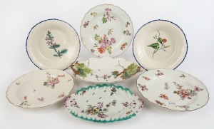 Seven assorted antique plates, dishes and oval serving bowls, 18th/19th century, makers include Davenport, Chelsea, Longton Hall and others, ​​​​​​​the largest 28cm wide