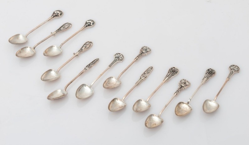 LINTON of Perth, set of 12 Australian silver spoons with wildflower motifs, 20th century, stamped "JAL. ST. SILVER", 11cm long, 152 grams total