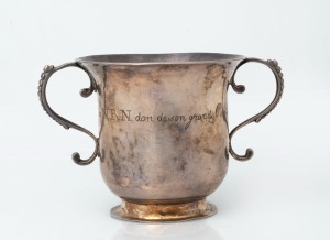 London made 18th century CHANNEL ISLANDS Guernsey style silver christening cup, circa 1781, inscribed "a NRN don de son grand Pere INT", 7cm high, 11.5cm wide, 86 grams.