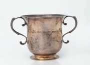 London made 18th century CHANNEL ISLANDS Guernsey style silver christening cup, circa 1781, inscribed "a NRN don de son grand Pere INT", 7cm high, 11.5cm wide, 86 grams.