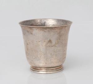 An 18th century CHANNEL ISLANDS silver wine beaker by JEAN HENRY of Jersey, circa 1790, engraved "à I.S.M. Don De Son Parian & Marian", 6.5cm high, 60 grams