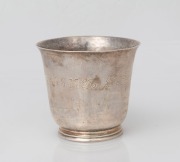 An 18th century CHANNEL ISLANDS silver wine beaker by JEAN HENRY of Jersey, circa 1790, engraved "&agrave; I.S.M. Don De Son Parian & Marian", 6.5cm high, 60 grams