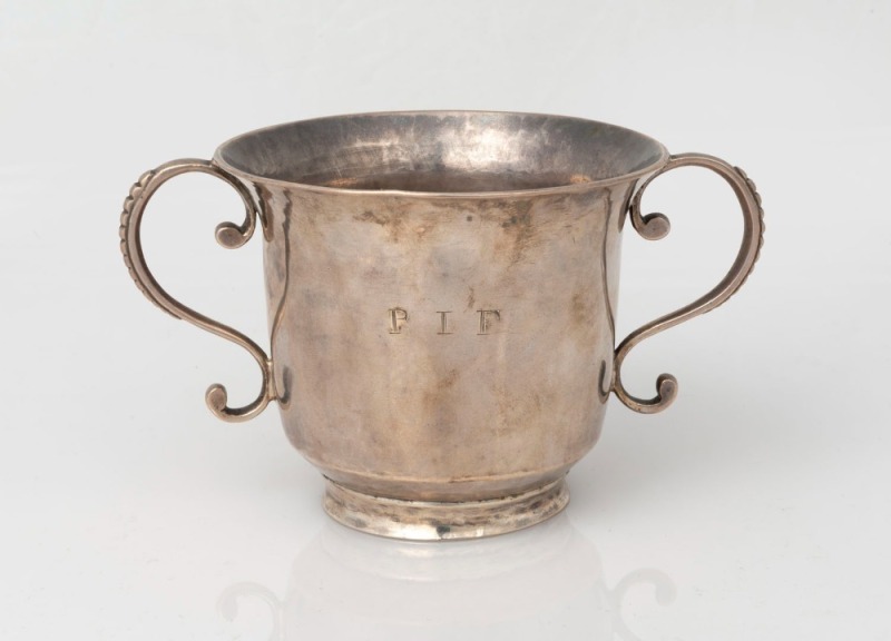 London made 18th century CHANNEL ISLANDS christening cup in the Guernsey manner, over-struck marks for JOHN DUPORT of Guernsey, circa 1788, engraved "P.I.F.", 7cm high, 12cm wide, 101 grams