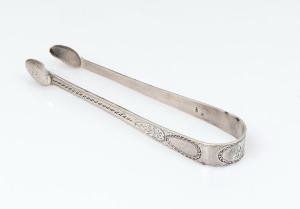 Antique 18th century CHANNEL ISLANDS bright cut silver sugar tongs, stamped "P.N.", most likely Guernsey, circa 1780, engraved "J.E.", 14cm long, 33 grams