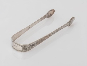 Antique CHANNEL ISLANDS bright cut silver sugar tongs by JACQUES QUESNEL of Jersey, circa 1800, engraved "M.V.D.", 15cm long, 36 grams