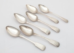 Six assorted antique CHANNEL ISLANDS fiddle pattern serving spoons, circa 1820s and 1830s, makers include GEORGE MAUGER, THOMAS DE GRUCHY, GEORGE HAMON, THOMAS DE GRUCHY & JOHN LE GALLAIS, the largest 22.5cm long, 328 grams total
