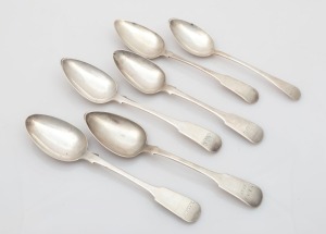 Six assorted antique CHANNEL ISLANDS fiddle pattern serving spoons, circa 1820s and 1830s, makers include GEORGE MAUGER, THOMAS DE GRUCHY, GEORGE HAMON, THOMAS DE GRUCHY & JOHN LE GALLAIS, the largest 22.5cm long, 328 grams total