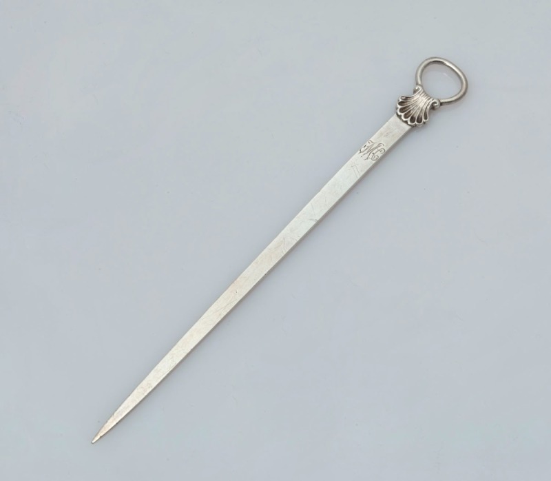 An 18th century CHANNEL ISLANDS silver poultry skewer by PIERRE AMIRAUX of Jersey, circa 1780, 20cm long, 32 grams