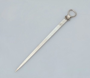 An 18th century CHANNEL ISLANDS silver poultry skewer by PIERRE AMIRAUX of Jersey, circa 1780, 20cm long, 32 grams