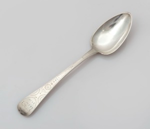 An antique CHANNEL ISLANDS silver bright cut tablespoons by JACQUES QUESNEL of Jersey, circa 1835, engraved "T.J.M.T 14, Dec. 1836", 20.5cm long, 56 grams total