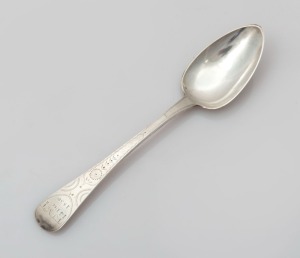 An antique CHANNEL ISLANDS silver bright cut tablespoons by JACQUES QUESNEL of Jersey, circa 1835, engraved "T.J.M.T 14, Dec. 1836", 20.5cm long, 56 grams total