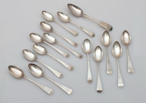 Assorted antique CHANNEL ISLANDS silver teaspoons, 18th/19th century, (15 items), makers include GEORGE MAUGER, and JACQUES QUESNEL the largest 14.5cm long, 160 grams total