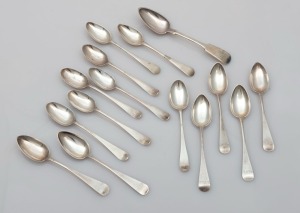 Assorted antique CHANNEL ISLANDS silver teaspoons, 18th/19th century, (15 items), makers include GEORGE MAUGER, and JACQUES QUESNEL the largest 14.5cm long, 160 grams total