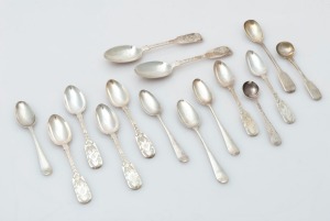 Assorted antique CHANNEL ISLANDS silver teaspoons, mustard spoons and condiment spoon, 18th/19th century, (15 items), makers include PIERRE MAINGY, CHARLES WILLIAM QUESNEL and JACQUES QUESNEL, plus London over-struck examples, the largest 14cm long, 120 grams total