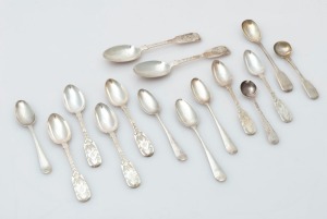 Assorted antique CHANNEL ISLANDS silver teaspoons, mustard spoons and condiment spoon, 18th/19th century, (15 items), makers include PIERRE MAINGY, CHARLES WILLIAM QUESNEL and JACQUES QUESNEL, plus London over-struck examples, the largest 14cm long, 120 g