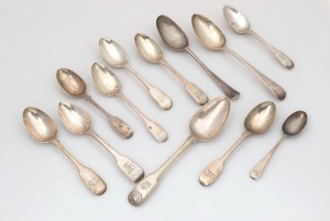 Assorted antique sterling silver spoons, 18th and 19th century, (12 items), the largest 21.5cm long, 620 grams total