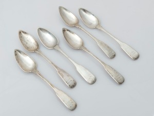 Set of six antique CHANNEL ISLANDS silver fiddle pattern teaspoons by JACQUES QUESNEL of Jersey, circa 1820, 14.5cm long, 112 grams total
