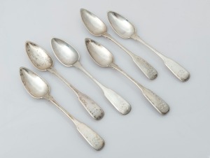 Set of six antique CHANNEL ISLANDS silver fiddle pattern teaspoons by JACQUES QUESNEL of Jersey, circa 1820, ​​​​​​​14.5cm long, 112 grams total