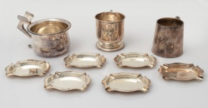 An Australian silver shaving mug by PROUDS, two Australian silver christening mugs, and a set of six sterling silver ashtrays retailed by WILLIAM DRUMMOND & Co. of Melbourne, 20th century, (9 items), the largest 8.5cm high, 448 grams total