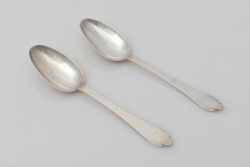 A pair of 18th century CHANNEL ISLANDS silver trefid spoons by GEORGE HAMON of Jersey, circa 1770, both engraved "S.P.P.", 18.5cm long, 72 grams total