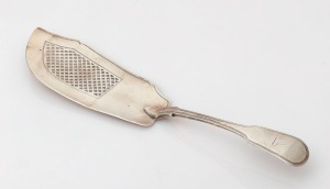 An 18th century CHANNEL ISLANDS silver fiddle and thread pattern fish slice by GEORGE HAMON of Jersey, circa 1780, with engraved bird crest, 31.5cm long, 158 grams