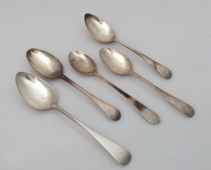 Five antique CHANNEL ISLANDS silver Old English pattern dessert and tablespoons, makers include GEORGE MAUGER of Jersey, JEAN LE PAGE of Guernsey, JACQUES QUESNEL of Jersey, PIERRE NAFTEL of Guernsey, and an unknown maker, 18th/19th century, the largest 2
