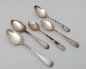 Five antique CHANNEL ISLANDS silver Old English pattern dessert and tablespoons, makers include GEORGE MAUGER of Jersey, JEAN LE PAGE of Guernsey, JACQUES QUESNEL of Jersey, PIERRE NAFTEL of Guernsey, and an unknown maker, 18th/19th century, the largest 22.5cm long, 190 grams total