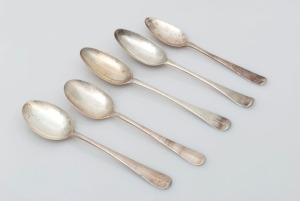 Five antique CHANNEL ISLANDS silver Hanoverian pattern dessert and tablespoons, makers include GEORGE MAUGER Snr. of Jersey, PIERRE AMIRAUX of Jersey (2), and a Guernsey example stamped "I.H.", circa 1740 to 1770, the largest 20.5cm long, 212 grams total