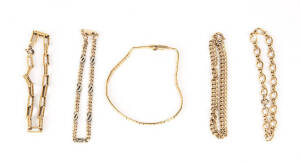 BRACELETS: Five gold bracelets, various carats. Total weight 26 grams.