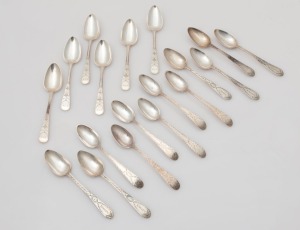 Three sets of six antique CHANNEL ISLANDS silver bright cut teaspoons by JEAN LE PAGE of Guernsey, THOMAS DE GRUCHY & JEAN LE GALLIAS of Jersey, and a set stamped "H.M." of Guernsey, 18th/19th century, (18 items), the largest 12.5cm long, 258 grams total